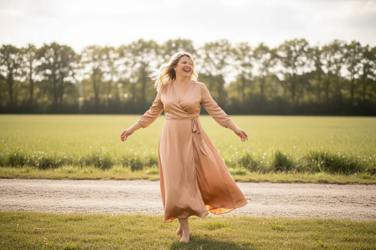 Sarah-Lee dansend in het weiland bij zonsondergang