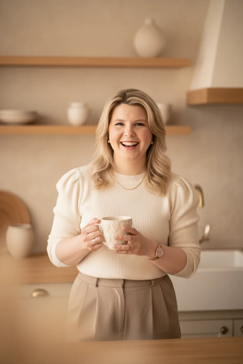 Sarah-Lee in de keuken met een mok