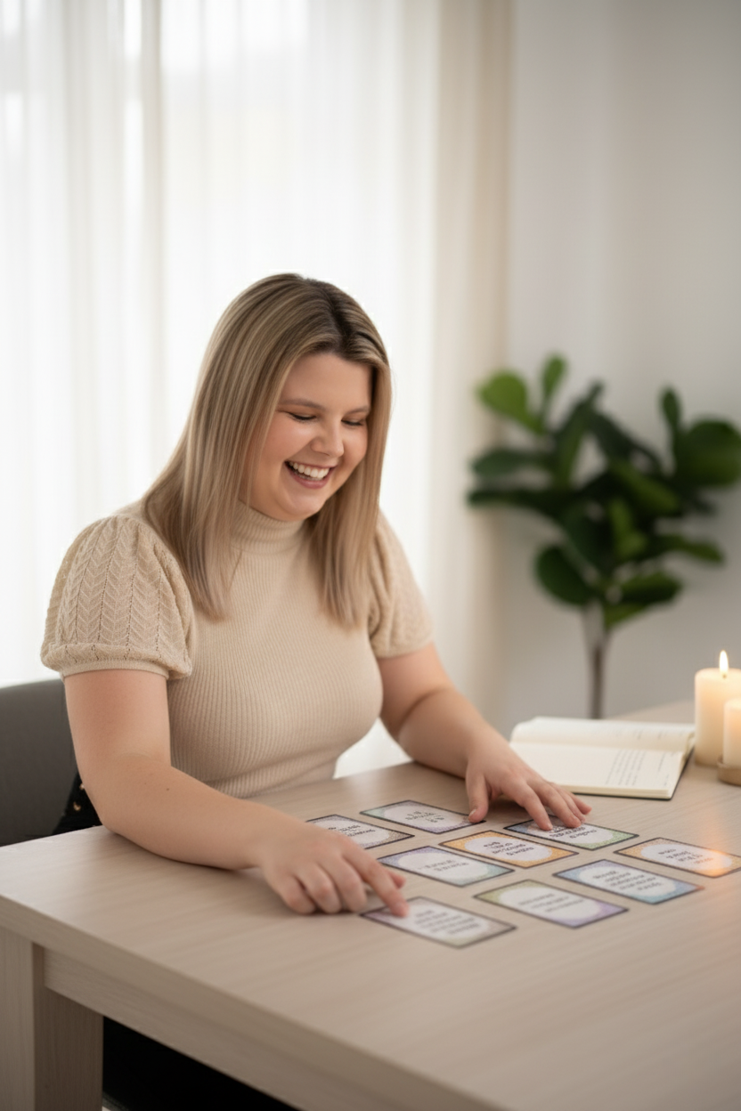 Sarah-Lee met affirmatiekaarten