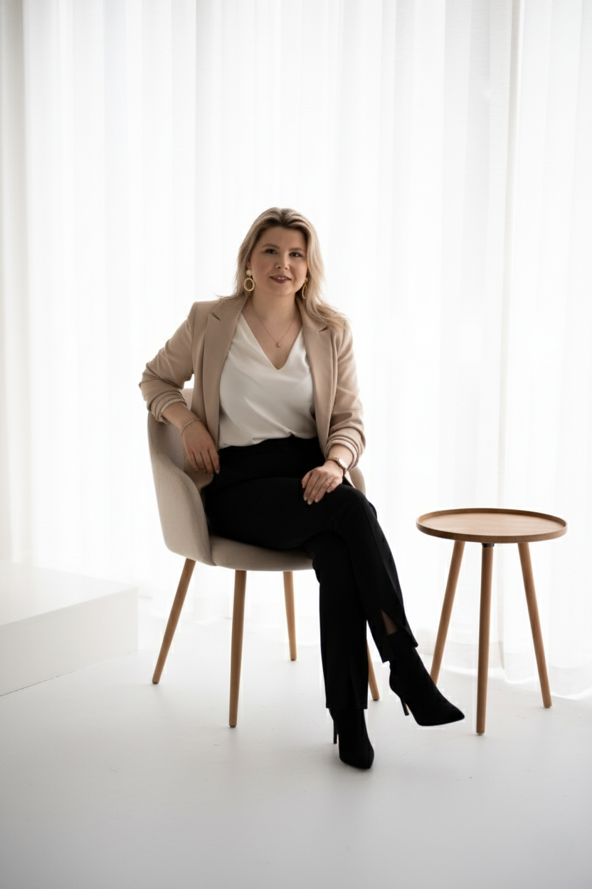 Sarah-Lee in fauteuil, beige blazer
